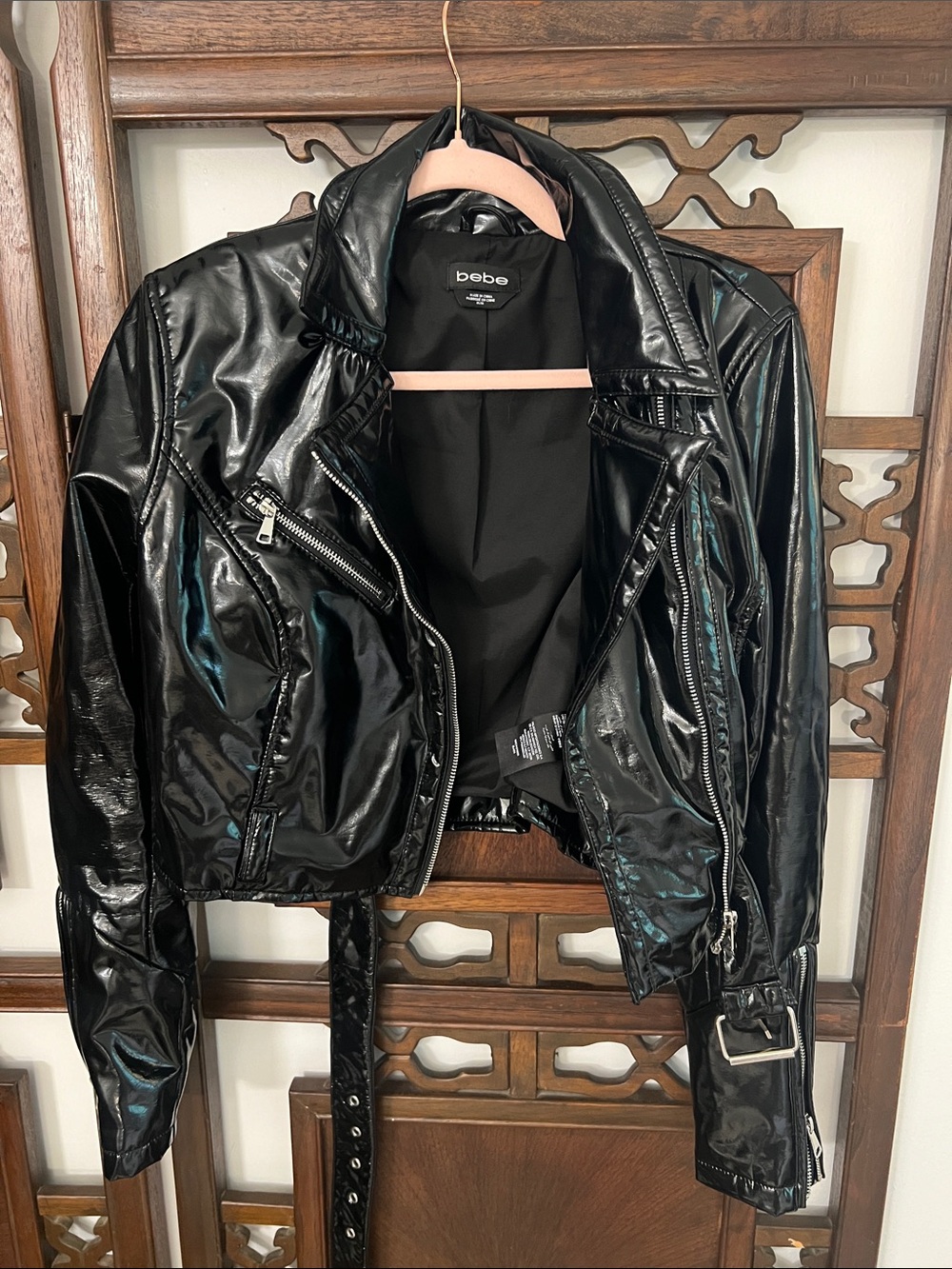 bebe Black Gloss Patent Moto Jacket with Belt